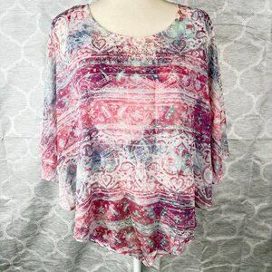 One World Boho Sheer Printed Batwing Top Pink Purple Paisley Oversized Blouse S